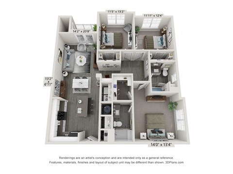 Floor plan for 3 beds, 2 baths, 1327 sqft